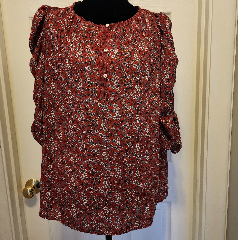 Max Studio Rust Floral Button Henley Blouse